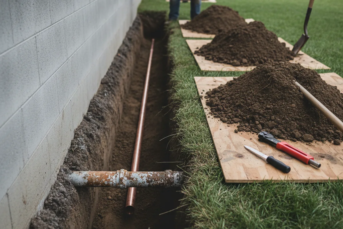Excavated water line trench during Water Heater Repair in Rocky Point